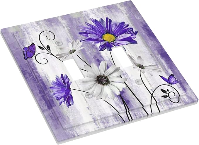 Decorative Light Switch Cover Plate Rustic Purple Daisy Butterfly Boho White Floral 2 Gang Wall Plate Cover Double Toggle Switch Plate Covers Electric Dual Device Electrical Faceplate