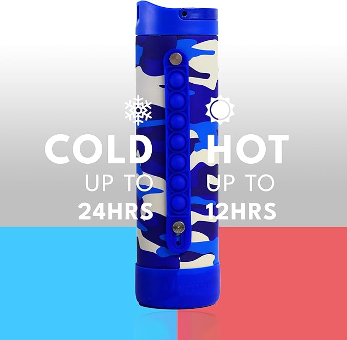 Elemental Iconic Kids Water Bottle with Straw Lid & Stress Reliever Pop It Handle, Leak-Proof When Closed, Triple Insulated Stainless Steel Reusable Thermos Water Bottle, 20oz - Blue Camo