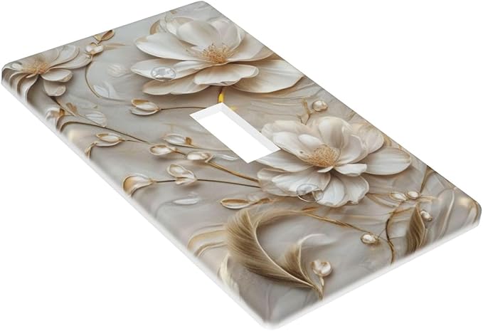 Decorative Art Light Switch Covers Elegant White and Gold Florals Single Toggle Wall Plate Decorative Switchcover Electrical Switchplate for Home Decor