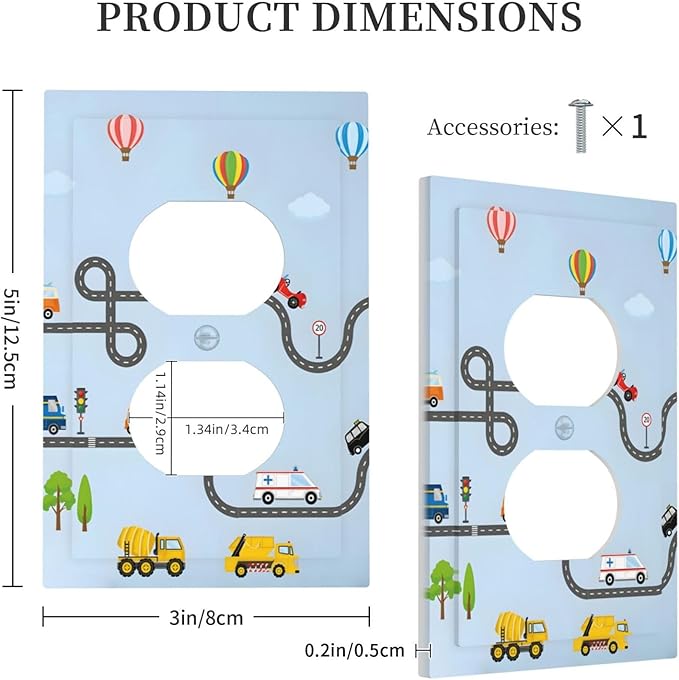 Road Construction Car Truck Hot Air Balloon Outlet Covers 1 Gang Duplex Light Switch Cover Decorative Switch Plates Electrical Receptacle Faceplate Wall Plate for Nursery Kids Room Decor