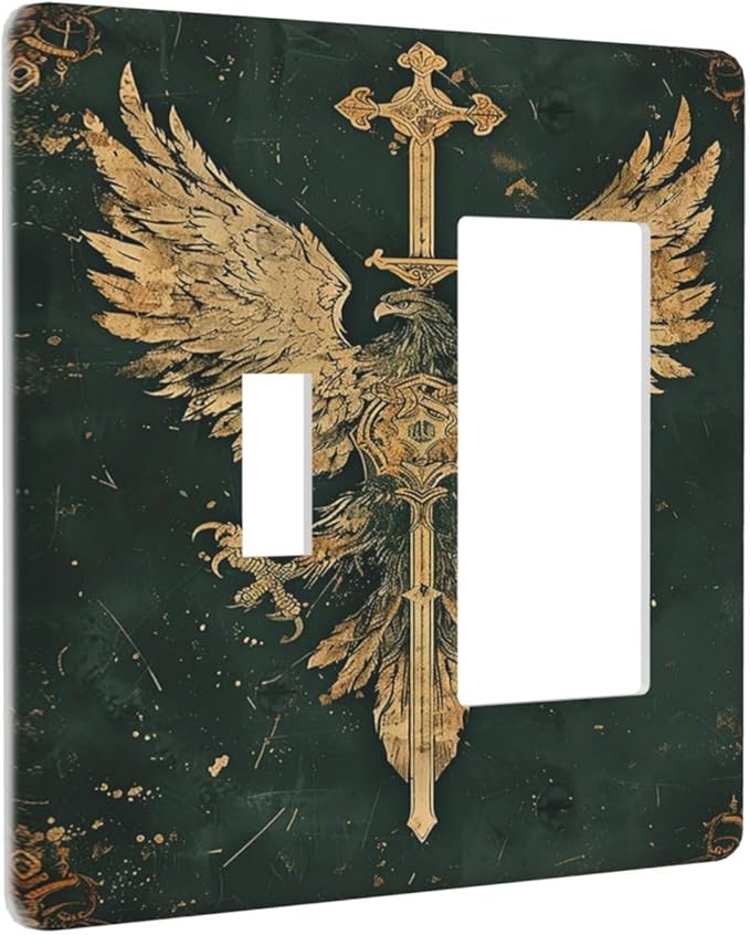 Medieval Retro Golden Eagle Totem Outlet Covers 1 Toggle 1 Rocker Combination Electrical Switch Plates Light Switch Cover Plate Decorative Wall Plate for Bedroom Living Room Decor