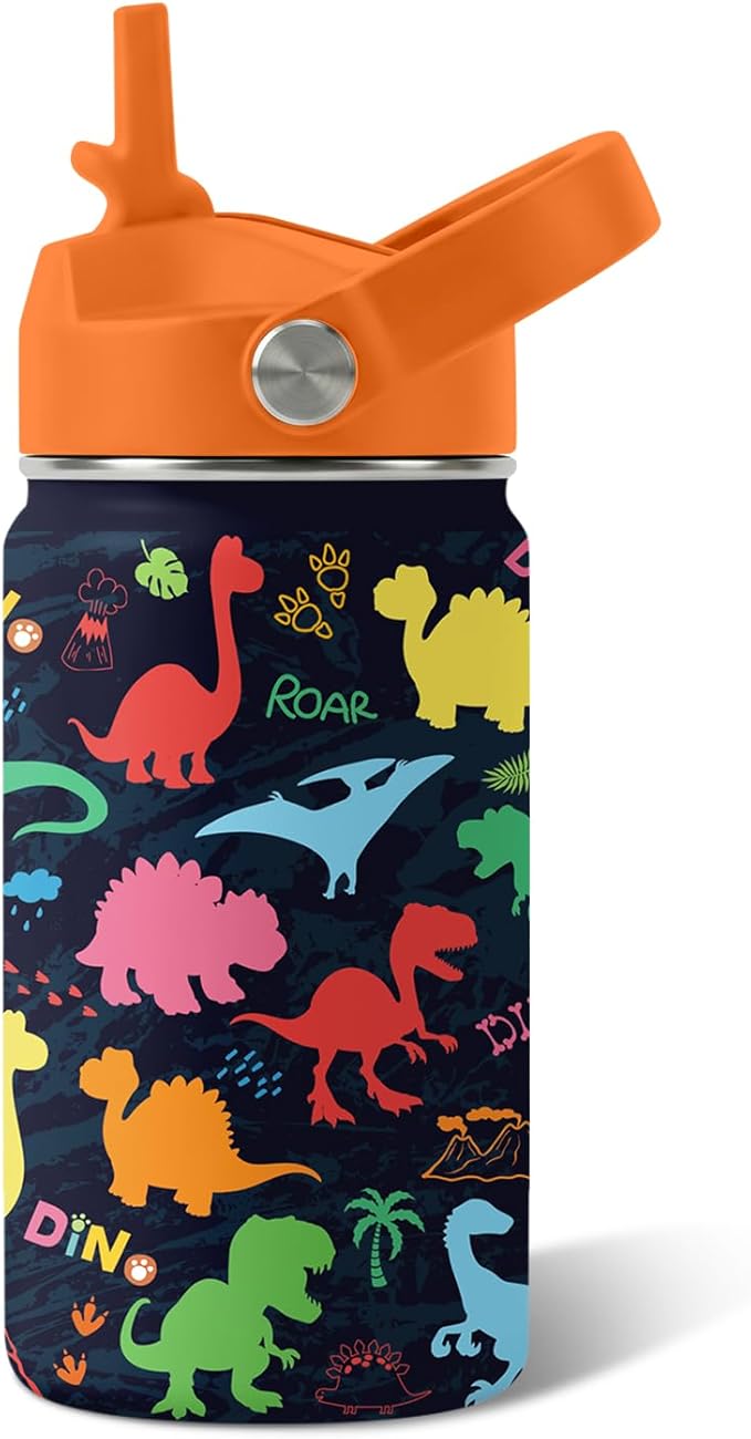 Dinosaur Gifts for Boys, 12oz Colorful Dino Water Bottle with Straw Lid, BPA-Free, Leakproof Stainless Steel Insulated Bottle for Boys & Girls, School, Travel - Dino Lovers Birthday Gift Cup (1pc)