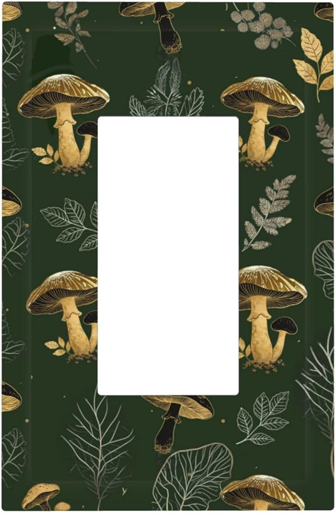 Decorative Outlet Covers Cute Gold Mushtroom Green Plant Leaf 1 Gang Rocker Light Switch Cover Plate Single Wall Plates for Electrical Outlets Switch Plate Covers Faceplate for Home Decor