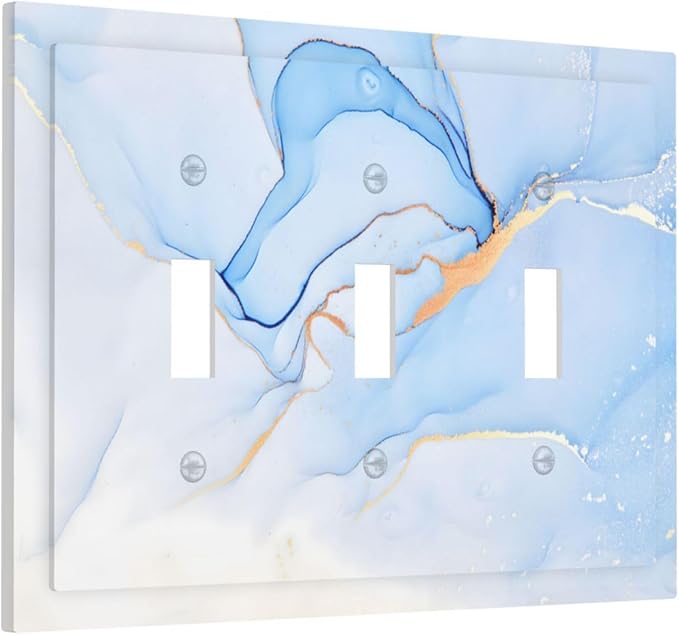 Modern Art Blue Gold Marble Abstract Luxury Print Decorative Switch Plates 3 Gang Wall Plate Triple Toggle Light Switch Cover Faceplate Electrical Wall Panels for Bathroom Living Room Decor