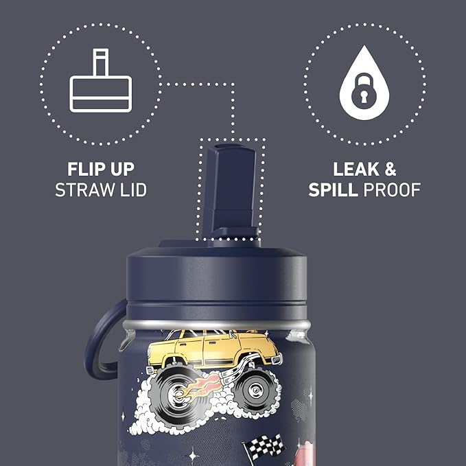 Hydrapeak Mini 14oz Fun Sticker Print Water Bottle with Straw Lid, Stainless Steel Double Wall Insulated Water Bottle, Leak-Proof and Spill-Proof Water Bottle, Monster Truck-Navy