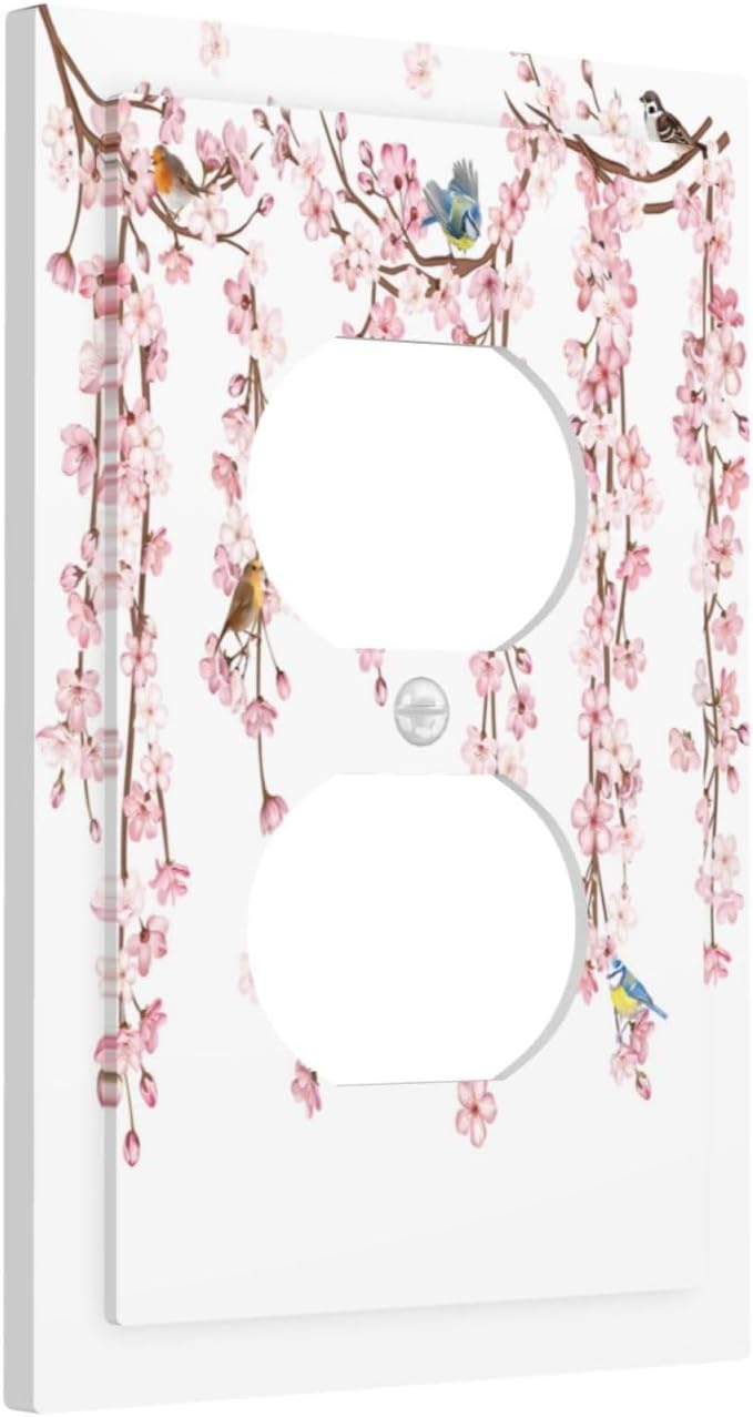Pink Cherry Blossom Flower Vine Floral Tree Branch Birds Outlet Covers 1 Gang Duplex Light Switch Cover Decorative Switch Plates Electrical Receptacle Faceplate Wall Plate for Bedroom Living Room