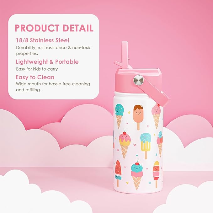 SANDJEST Ice Cream Kids Water Bottle With Straw Lid 12oz Insulated Stainless Steel, Travel Tumbler, Gifts For Girls, Birthday, Christmas, Back To School