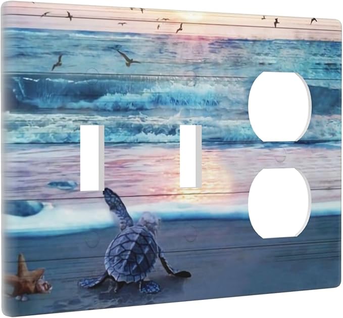 Nautical Ocean Teal Blue Beach Wave Turtles Tortoise 3 Gang 2-Toggle 1-Duplex Receptacle Light Switch Wall Plates and Outlet Cover Coastal Starfish Triple Device Combo Two Toggle One Receptacle Cover