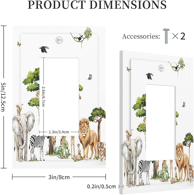 Large Animals Elephant Giraffe Jungle Lion Leopard Zebra Decorative Outlet Covers 1 Gang Single Rocker Light Switch Cover Plate Wall Plates GFCI Faceplate for Kids Room Nursery Decor