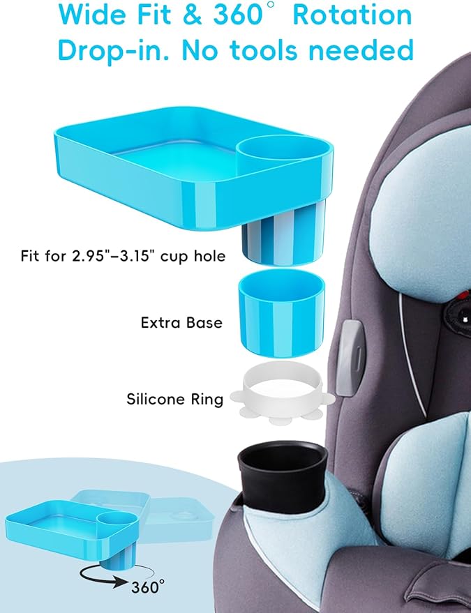 Car Seat Cup Holder Snack Tray for Kids, Reduces Mess, Detachable Large Base & Adjustable Ring, Carseat Tray for Toddler, Car Seat Food Tray Eating Table for Kids Travel Road Trip -Sky Blue