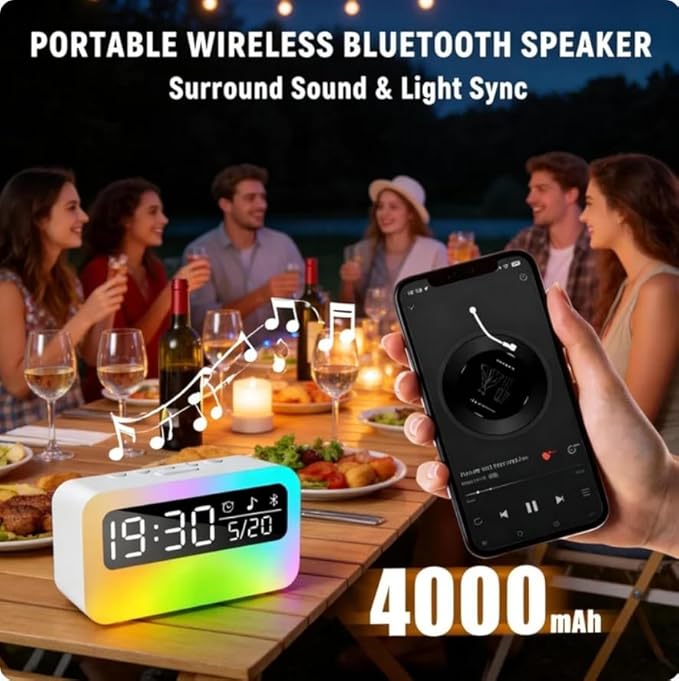 4-IN-1 White Noise Sound Machine with 24 Soothing Sounds, 4000mAh Rechargeable Camping light Bluetooth Speaker, Adjustable Night Light for Kids Adult with Time Display for Camping, Home, Party