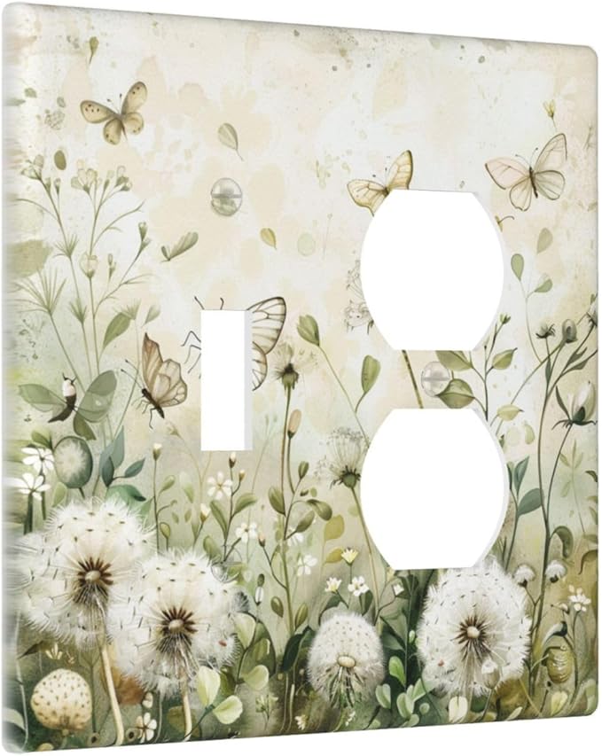 Light Switch Cover Plate Watercolor Butterflies Dandelions Wildflowers 2 Gang Decorative Switch Plates 1 Toggle Duplex Combo Outlet Covers GFCI Wall Plates for Bathroom Bedroom Decor