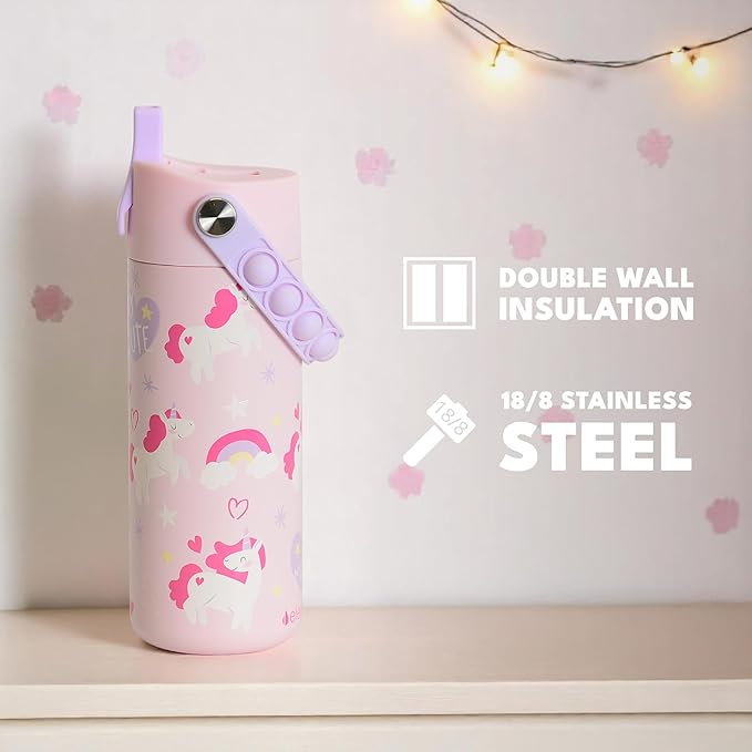 Elemental Insulated Kids Water Bottle, Stainless Steel Water Bottle with Straw Lid & Pop-It Handle, Leak-Proof Water Bottles for School, Boys or Girls, Travelling and Sports, 18oz - Unicorn Magic