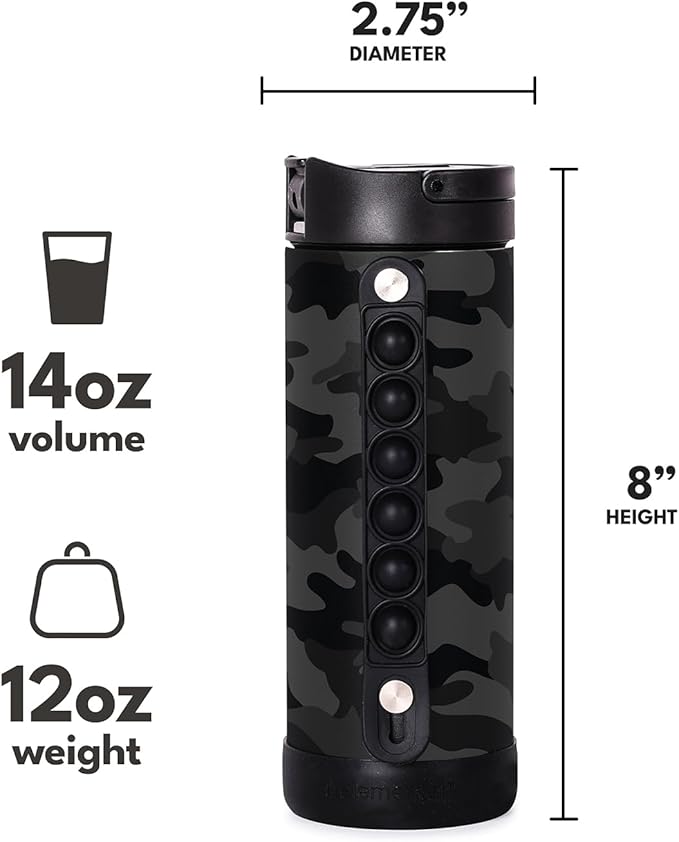 Elemental Iconic Kids Water Bottle with Straw Lid & Stress Relief Pop It Handle, Leak-Proof When Closed, Triple Insulated Kids Stainless Steel Water Bottle For Girls and Boys, 14oz - Black Camo