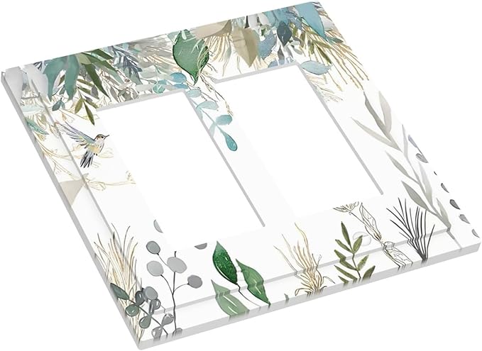 Green Tropical Palm Leaves Flower Plants Hummingbird Decorative Outlet Covers 2 Gang Double GFCI Rocker Electrical Wall Panels Light Switch Cover Plate for Bed Room Living Room Decor