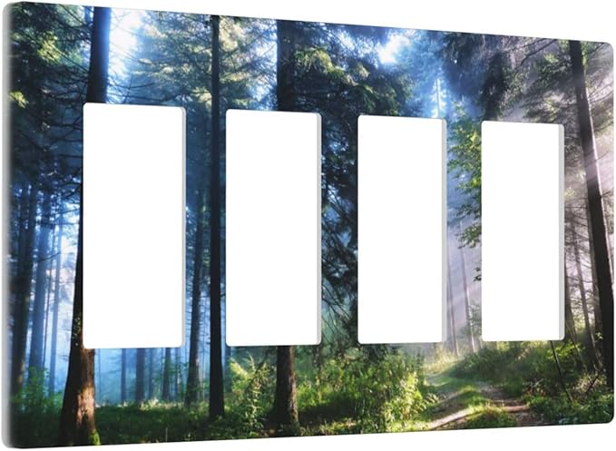 Green Landscape Forest Tree 4 Gang Quad Rocker Light Switch Cover Plate Decorative Electric Faceplate Switchplate Living Room Bedroom Decorate Jumbo Screwless