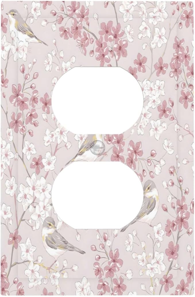 Pink Sakura Cherry Blossom Vintage Bird Floral Flower Outlet Covers 1 Gang Duplex Light Switch Cover Decorative Switch Plates Electrical Receptacle Faceplate Wall Plate for Bedroom Living Room Decor