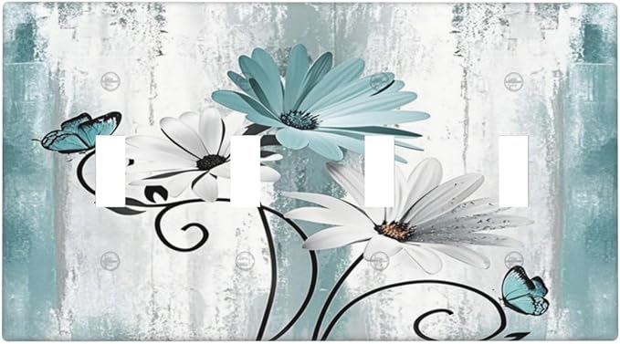 Light Switch Cover Plate Teal Daisy Floral Butterfly Vintage Wood 4 Gang Quad Toggle Decorative Switch Plates Wall Panels Electrical Wall Plates Faceplate for Bathroom Bedroom Decor