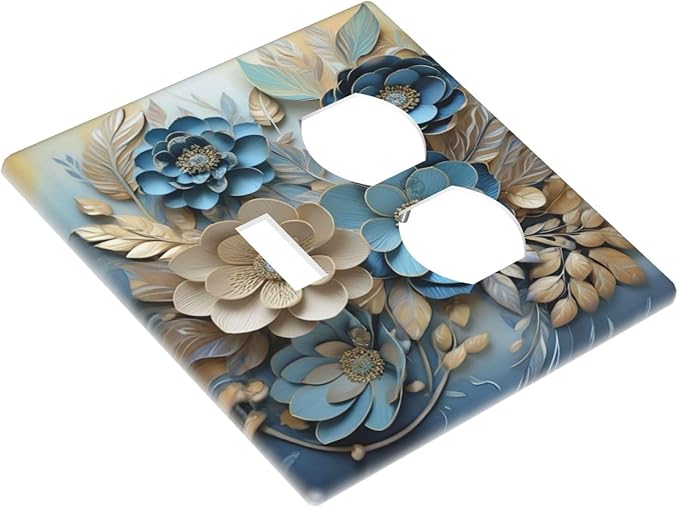 Decorative Art Light Switch Covers Blue and Creamy Floral 2 Gang Single Toggle Duplex Combination Electrical Faceplate Switchplate Wall Plate for Home Decor