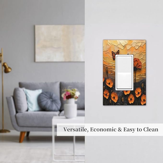 Oil Painting Flower Sunset Butterfly Vintage Rustic Floral Decorative Outlet Covers 1 Gang Single Rocker Light Switch Cover Plate Wall Plates GFCI Faceplate for Bedroom Living Room Decor
