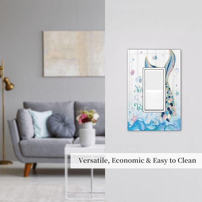Mermaid Ocean Blue Waves Kids Girl 1 Gang Rocker Light Switch Covers Decorative Single Decora Outlet Wall Plate Faceplate Switchplate GFCI for Kidroom Bathroom Bedroom Decor