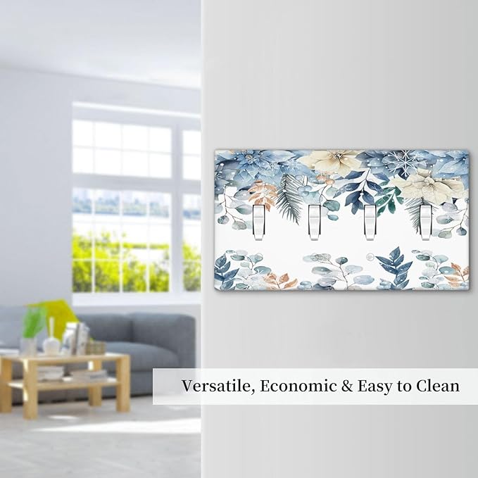 Blue Vine Snowflake Plants Leaves Floral Flowers Light Switch Covers Quad Toggle Electrical Faceplate 4 Gang Wall Plate Decorative Switch Plates for Bedroom Living Room Decor