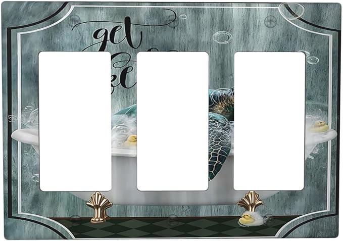 Teal Green Sea Turtle Funny Ocean Vintage Tortoise Beach Theme Light Switch Covers 3 Gang Rocker Decorative Triple Outlet Wall Plate Cover Switchplate Electrical Gfci for Kids Room Bathroom Decor