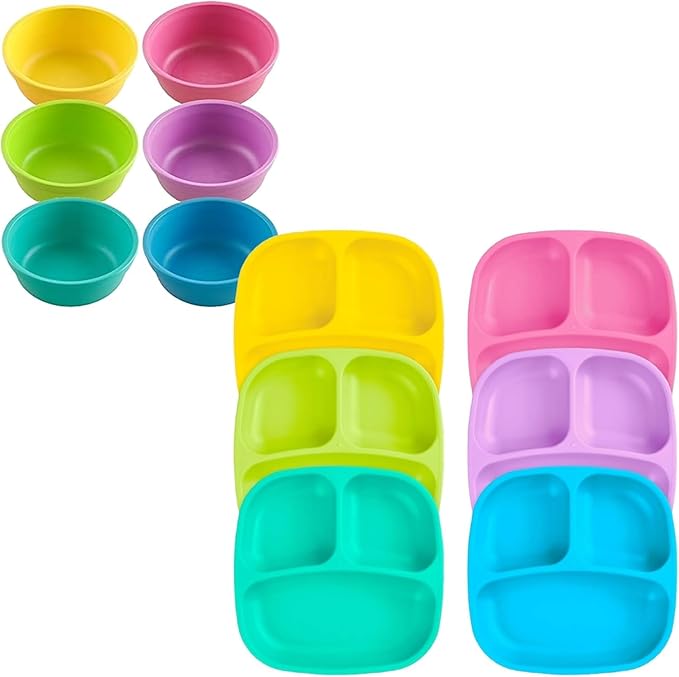 Re-Play Dinnerware Set for Toddlers – 6 Deep-Walled Divided Compartment Plates and 6 Stackable Bowls for Snack and Everyday Dining – Dishwasher/Microwave Safe – Made in USA – Sorbet