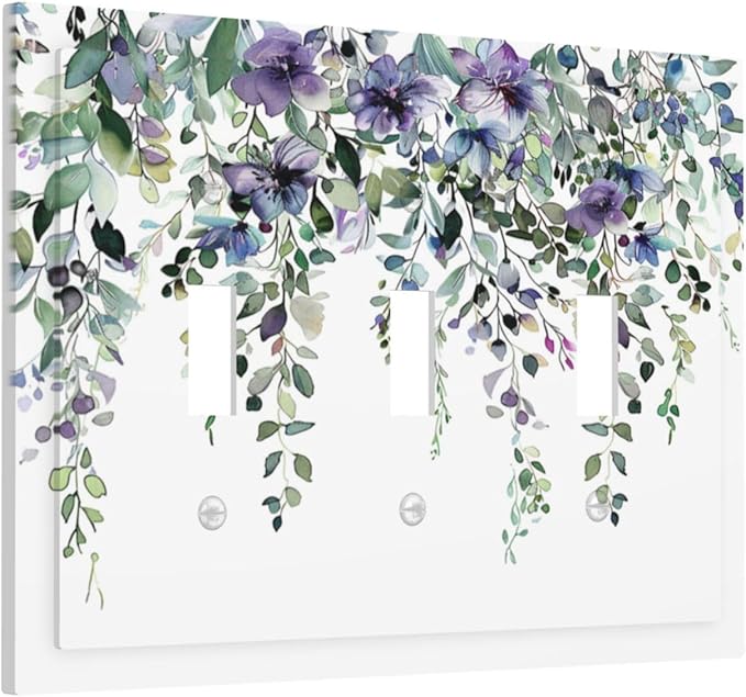 Light Switch Cover Plate Blue Purple Eucalyptus Leaves Boho Botanical 3 Gang Triple Toggle Decorative Switch Plates Wall Plates Electrical Switchplate Faceplate for Bathroom Home Decor
