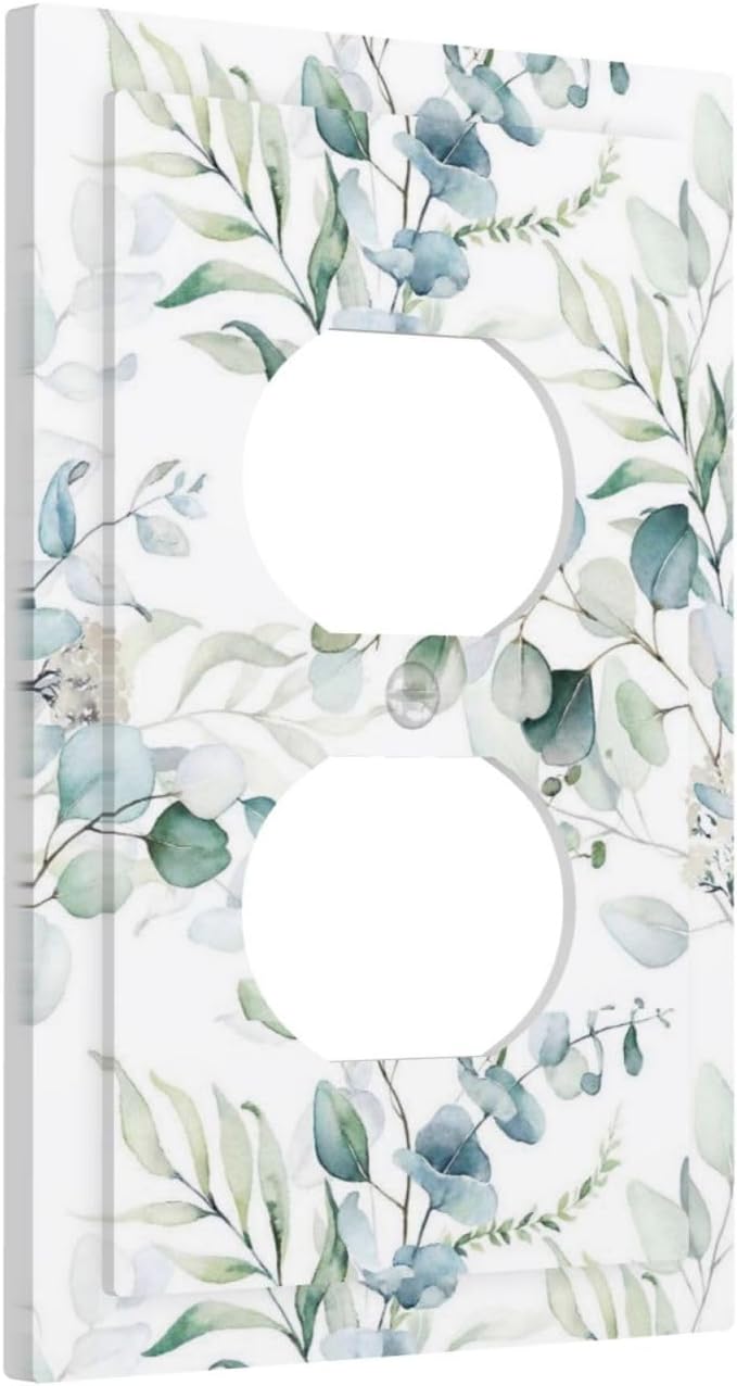 Boho Watercolor Green/White Spring Eucalyptus Saga Leaves Plant Botanical 1 Gang Device Duplex Receptacle Wall Plate Electrical Outlet Decorative Decorator Light Switch Face Plate Plug Socket Cover