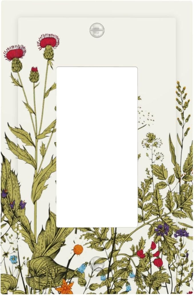 Country Wild Flower Decorative 1 Gang Single Decorator GFCI/Rocker Wall Plate Spring Blossom Botanical Sage Herbs Border Vintage Floral Electrical Receptacle Outlet Light Switch Cover for Dimmer, USB