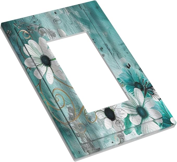 Decorative Outlet Covers Turquoise Flowers and Butterflies Rustic Teal White Floral 1 Gang Single Decora GFCI Device Light Switch Cover Plate 1 Rocker Wall Plate Jumbo Switch Plate Cover