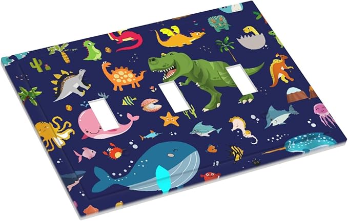 Cartoon Funny Cool Blue/Green Dinosaur 3 Gang Toggle Light Switch Cover, Ocean Dolphin Whale Fish Boy Kid Decorative Three Device Triple Toggle Switch Face Wall Plate Electrical Decorator Outlet Cover
