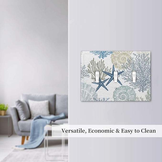 Turquoise Teal Nautical Beach Coral Starfish 3 Gang Decorator Light Switch Plate Outlet Cover, Tropical Blue Sea Ocean Conch Coralline Decorative Triple Toggle Wall Plate Electrical Face Switch Plate