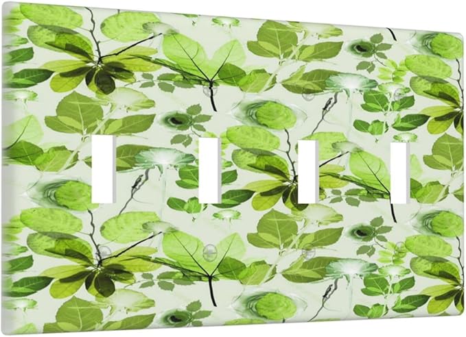 Green Leaves Spring Plant Floral Light Switch Covers Quad Toggle Electrical Faceplate 4 Gang Wall Plate Decorative Switch Plates for Bed Room Living Room Decor