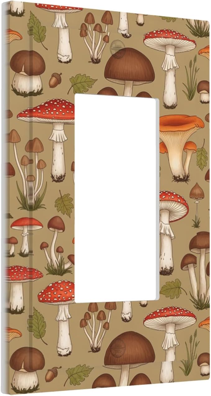 Whimsical Mycology Single Rocker Switch Cover - 1-Gang Standard US Size Vintage Mushroom Light Switch Covers, Woodland Medley for Farmhouse Home Decor