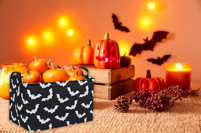 Essme Rectangular Kids Basket,Bat Storage Basket with Handles for Room Decor, Halloween Baskets,Cute Storage Bin（Bat）