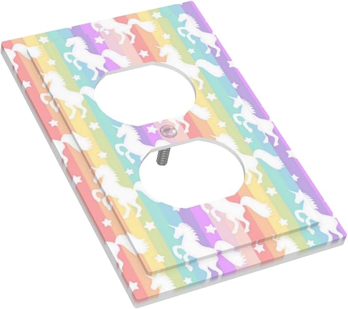 1 Gang Single Duplex Receptacle Outlet Cover Funny Kids Girl Cute Colorful Rainbow Unicorn Purple Pink Yellow Blue Electrical Wall Plate One Gang Dual Device Light Switch Faceplate Socket Plug Cover