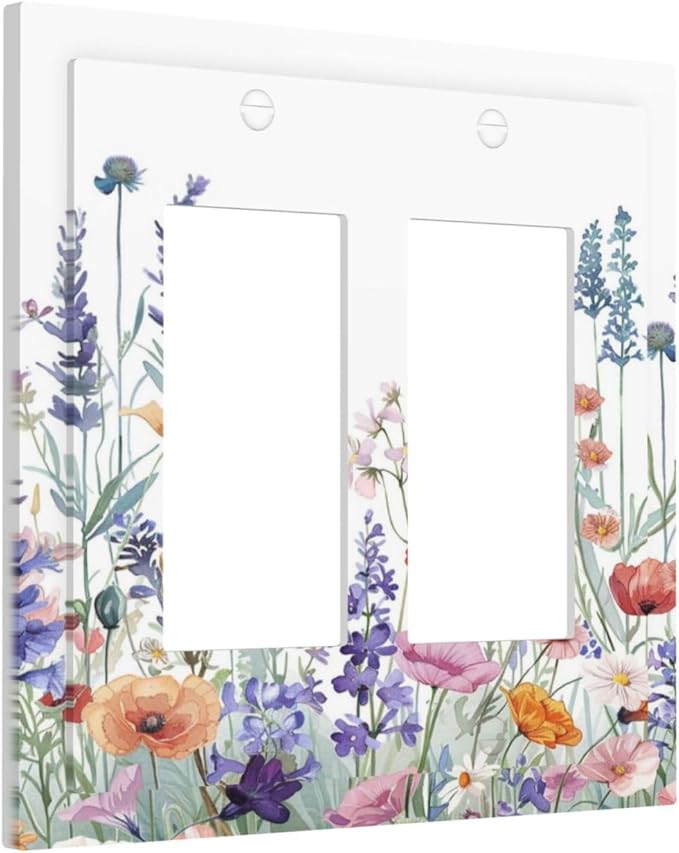 Colorful Floral Purple Lavender Flower Leaves Plants Decorative Outlet Covers 2 Gang Double GFCI Rocker Electrical Wall Panels Light Switch Cover Plate for Bed Room Living Room Decor