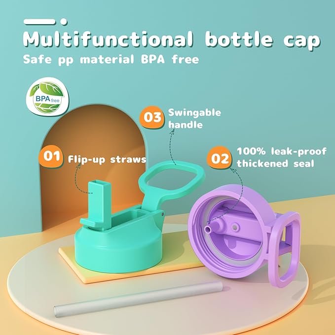 Kids Water Bottle, 2-Pack 20oz Water Bottles with Stickers and Straw, Stainless Steel Vacuum Insulated cup, Kids Water Bottle for School, Gifts for Boys and Girls(Purple/Green)