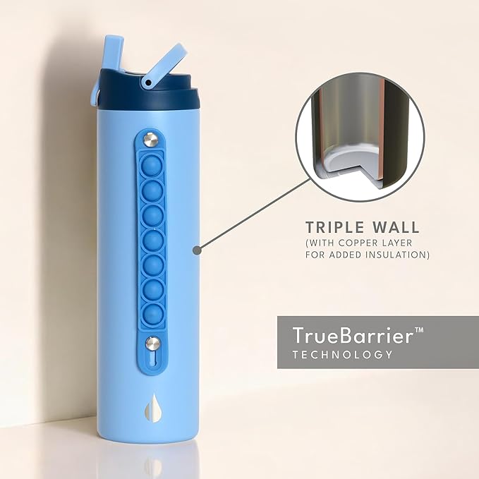 Elemental Iconic Kids Water Bottle for School - 100% Leak-Proof Insulated Water Bottles with Straw Lid & Pop-It Handle for Boys & Girls - Triple-Wall Insulated & BPA-Free, 20oz – Ocean Blue