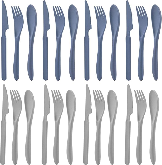 8 Sets Knives Spoons and Forks, Thickened Design Wheat Straw Cutlery, Reusable Utensils Set for Kid or Adult, Fork Spoon Knife Set for Party, Travel, Work, Picnic, Camping (Blue and gray)
