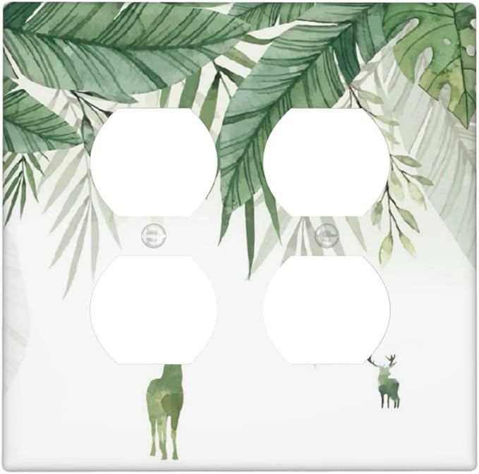 Deer Banana Leaves Palm Trees Green Plants Outlet Covers 2 Gang Double Duplex Decorative Light Switch Covers Electrical Wallplates Socket Faceplate for Bed Room Living Room Decor
