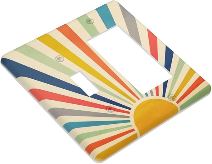 Retro Hippie Boho 60s Sun 2 Gang Combination 1-Toggle 1-Rocker GFCI/Decorator Outlet Light Switch Cover Vintage 70s Mid Century Abstract Sunrise Decorative Combo Two Dual Device Receptacle Wall Plate