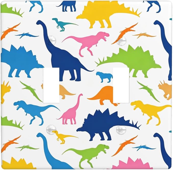 Colorful Dinosaur 2-Gang Double Toggle Light Switch Plate, Watercolor Blue & Green Dinosaur Cartoon Wall Plate for Boys Bedroom, Playroom & Nursery