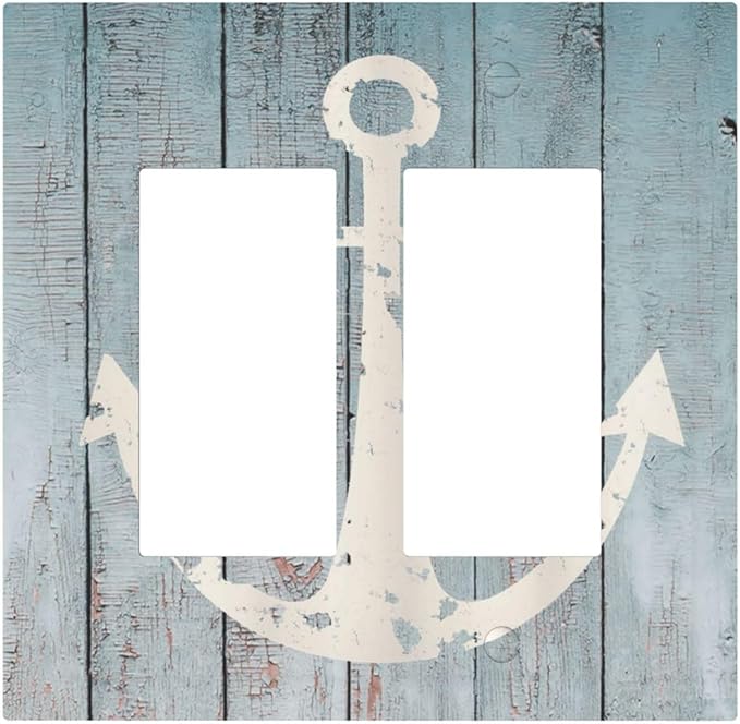 Anchor Rustic Sailing Nautical Wooden Planks Marine Decorative Outlet Covers 2 Gang Double GFCI Rocker Electrical Wall Panels Light Switch Cover Plate for Bathroom Farmhouse Decor