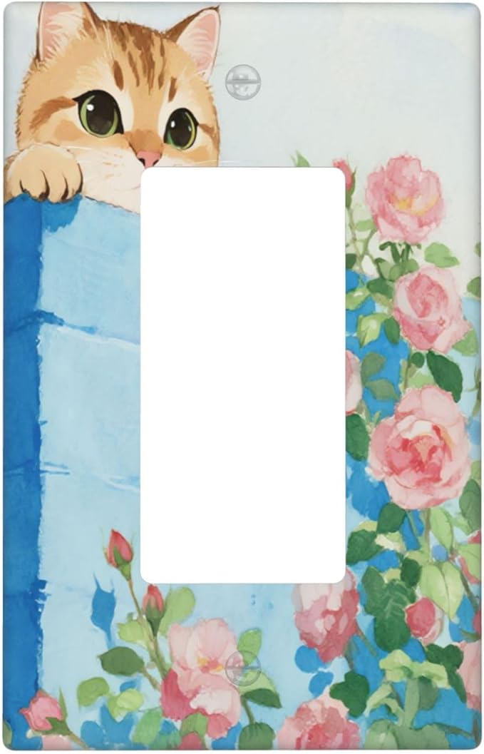 Cat Flower Single Rocker Wall Plate Decorative 1 Gang Light Switch Covers Electrical Switchplate Home Decorate Faceplat for Bathroom Bedroom Kitchen Room 4.5 x 2.76 Inch