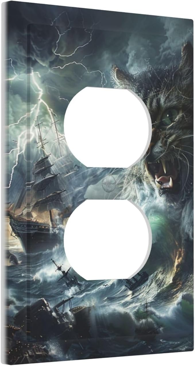 Decorative Outlet Covers funny Cat Stormy sea Lightning Sailboats 1 Gang Duplex Light Switch Cover Plate Electrical Switch plates Wall Plates Receptacle Covers for Bathroom Kid Room Decor