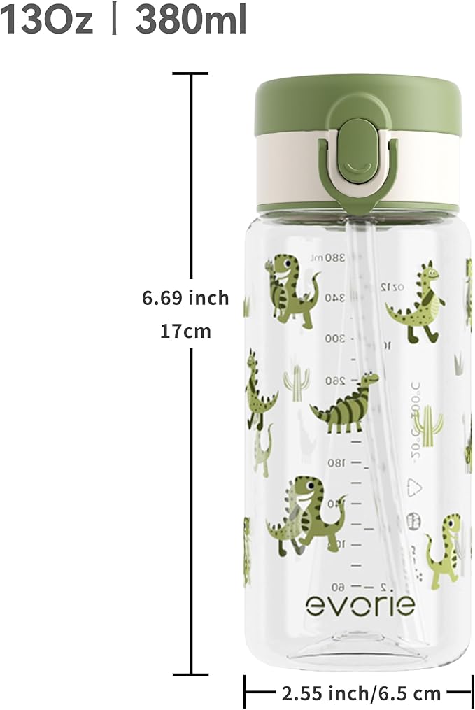 Evorie Tritan Kids Water Bottle with Straw, 13oz BPA-Free Leak Proof Drinking Bottle for School & Travel, Clear Water Bottle with Carry Strap, Dishwasher Safe, for Kids Ages 3+ (Green Dino)