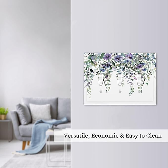 Light Switch Cover Plate Blue Purple Eucalyptus Leaves Boho Botanical 3 Gang Triple Toggle Decorative Switch Plates Wall Plates Electrical Switchplate Faceplate for Bathroom Home Decor